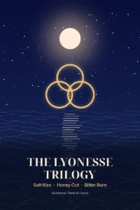 Illustration of a moonlit sea with three interlocking gold rings and the words The Lyonesse Trilogy