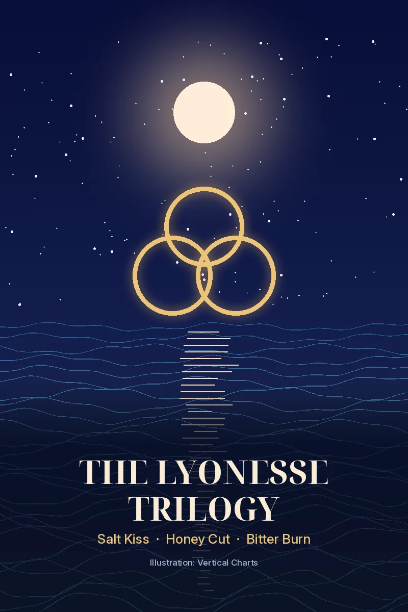Illustration of a moonlit sea with three interlocking gold rings and the words The Lyonesse Trilogy